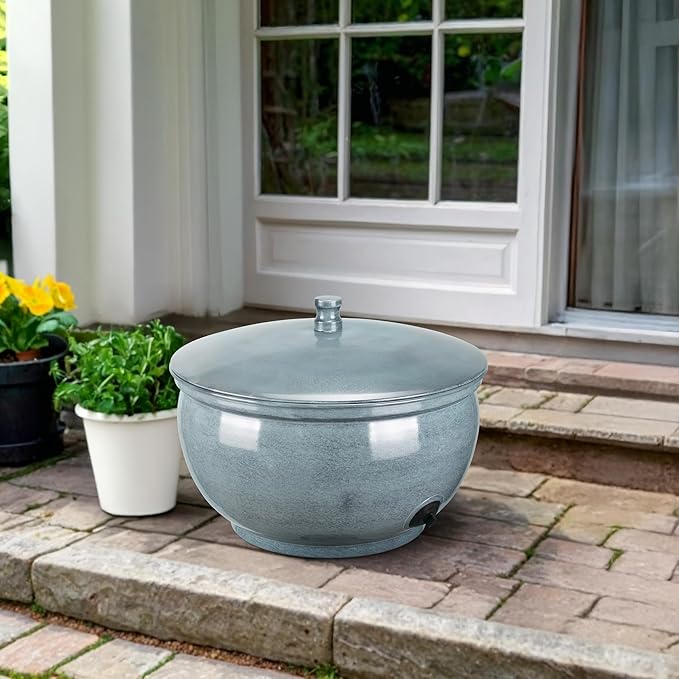 Monarch Abode Garden Hose Holder with Lid – Decorative Water Hose Holders for Outside, Smooth Metal Patina Pot with Drainage, 100ft Waterhose Holder for Outside, Garden Storage Caddy