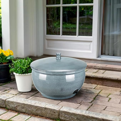 Monarch Abode Garden Hose Holder with Lid – Decorative Water Hose Holders for Outside, Smooth Metal Patina Pot with Drainage, 100ft Waterhose Holder for Outside, Garden Storage Caddy