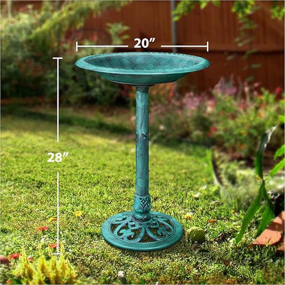 VECELO 28" Pedestal Outdoor Bird Bath with Solar Powered Fountain for Outside, Vintage Bronze Polyresin Lightweight Antique, Yard/Garden Decoration, Green