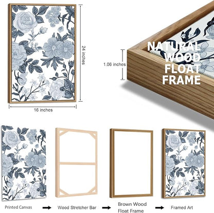 Large Framed Canvas Wall Art - Natural Float Framed Rustic Grey White Flowers Pictures Decor Gray Blue Leaves Artwork Prints for Bedroom Living Room Kitchen Home Office Decoration 48" X 24" Set of 3
