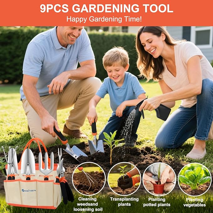 Yesker Gardening Tools 9-Piece Heavy Duty Garden Tool Set Gardening Supplies Gifts for Women Men Gardening Hand Tool Kit w Non-Slip Ergonomic Handle, Garden Bag, Durable Gloves, Spray Bottle, Orange
