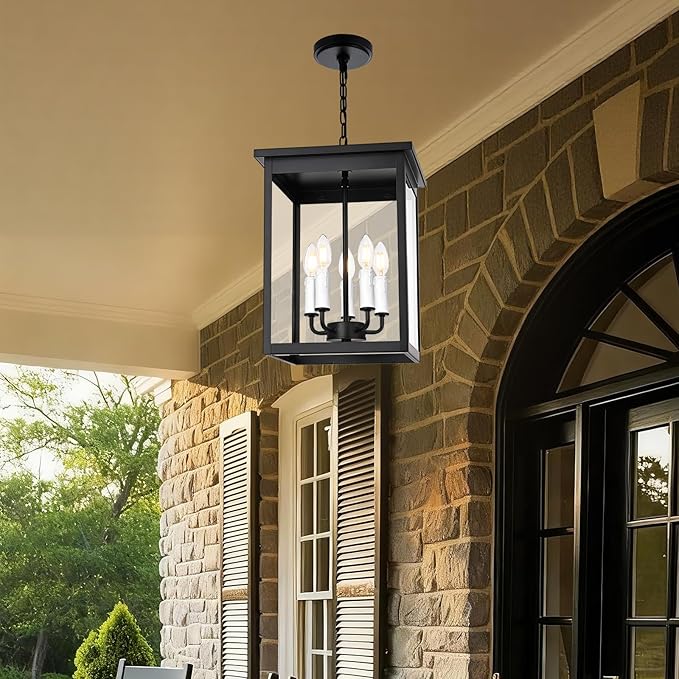 5 Lights Indoor Pendant Light White Outdoor Chandelier Exterior Hanging Fixtures Ceiling Mount with Clear Glass Shade Hanging Lantern Adjustable Pendant Lighting for Outdoor Hallway