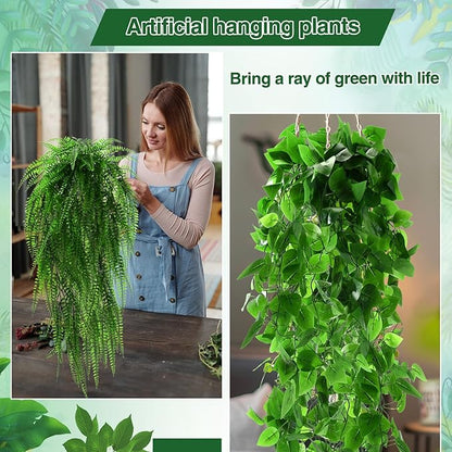 12 Pcs Artificial Hanging Plants Fake Hanging Ferns Plastic Faux Plants for Wall Room Garden Garland Indoor Outdoor Decor No Basket (Boston,Eucalyptus,Ivy Vine,String of Pearls)