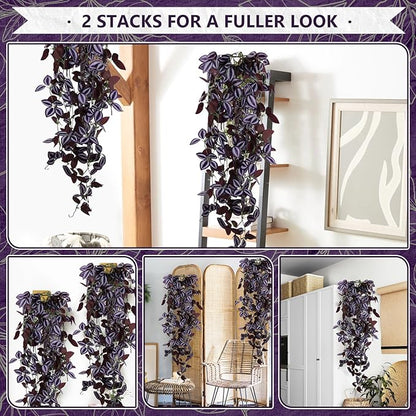 2-Pack Fake Hanging Plants, Faux Hanging Plant Artificial Greenery for Living Room Bedroom Boho Wall Shelf Indoor Outdoor Decor (Purple-Eyed Hairy Leaf)