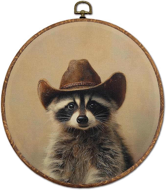 DEQSX Vintage Raccoon Round Wall Art, Raccoon Gifts for Women, Rustic Western Cowboy Wild Animals Wall Decor Canvas Prints Posters for Home Bedroom Living Room, 10x10 Inches