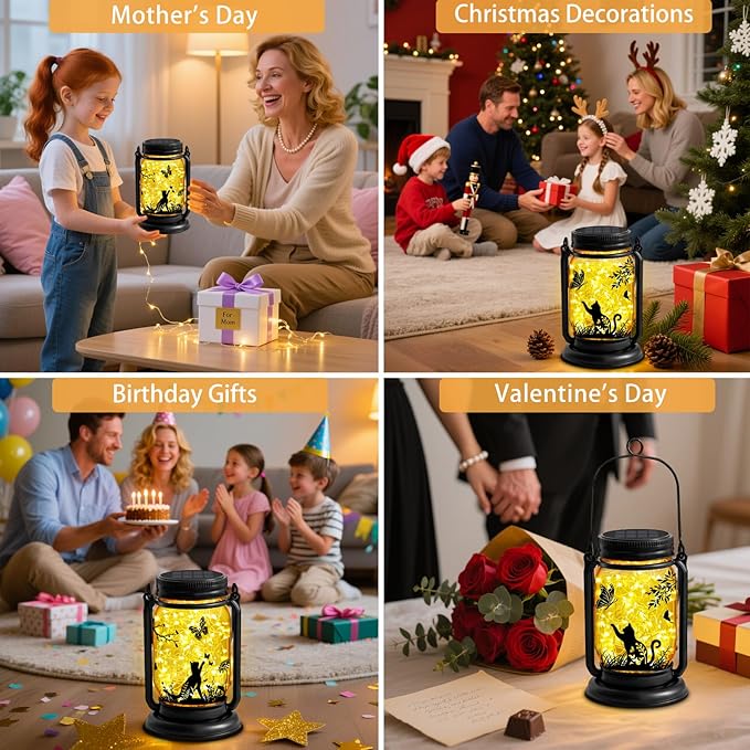 Cat Solar Lanterns, Outdoor Hanging Solar Lantern with Stake, Birthday Gifts for Mom, Grandma, Women Cat Lovers, Black Cat Butterfly Mason Jar Waterproof Lights for Yard Lawn Garden Decor