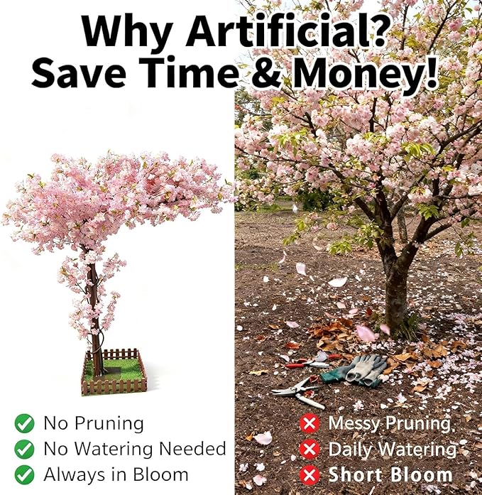 Artificial Cherry Blossom Tree 6.6Ft, Pink Silk Flowers with Solid Wood Trunk for Home & Garden Decor