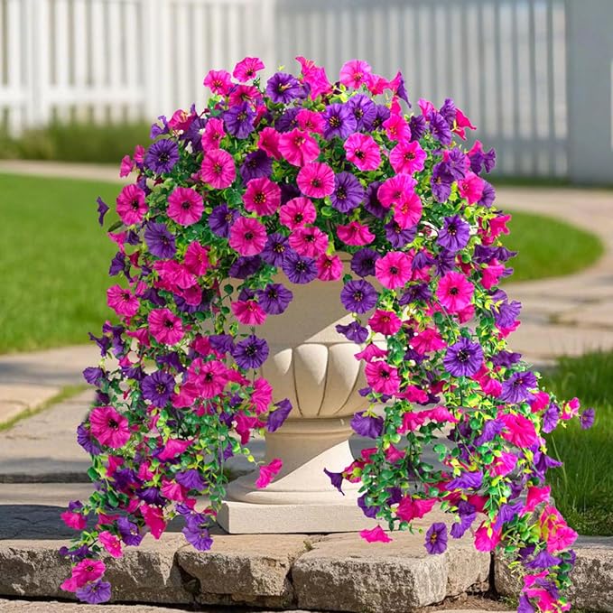 Artificial Hanging Flowers for Outdoor, 2 PCS Silk Morning Glory Faux Flowers with Eucalyptus Leaves,Realistic Hanging Plants for Wedding Home Office Garden Decor