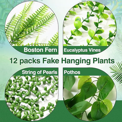 12 Pcs Artificial Hanging Plants Fake Hanging Ferns Plastic Faux Plants for Wall Room Garden Garland Indoor Outdoor Decor No Basket (Boston,Eucalyptus,Ivy Vine,String of Pearls)