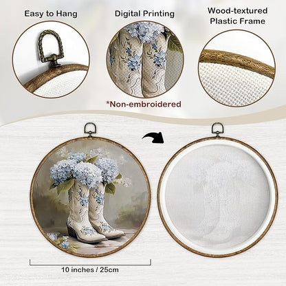 TLESKE Hydrangea Western Cowgirl Boots Round Wall Art Decor Framed 10x10, Chinoiserie Preppy Floral Canvas Wall Art Prints Artwork, Vintage Blue And White Wall Hanging Room Door Decor for Bedroom