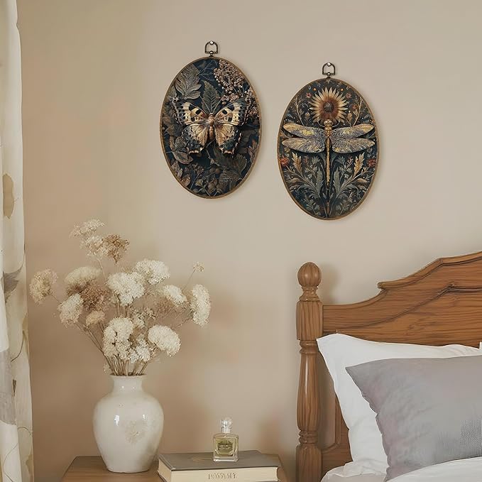 LKETW Vintage Moody Butterfly Dragonfly Oval Wall Art Decor, Dark Cottagecore Oval Canvas Hanging Decor, Rustic Wildflower Insect Wall Decorations for Home Living Room Bedroom, 8.6x11.4 Inch Set of 2