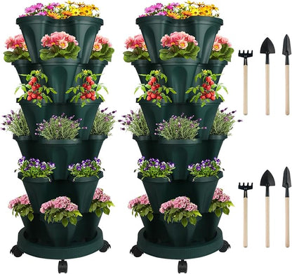 GameXcel Vertical Planter 6 Tier Stackable Planters Garden Planters Strawberry Herb Flower and Vegetable Planter Indoor Outdoor Gardening Pots with Removable Wheels and Tools 2-Pack