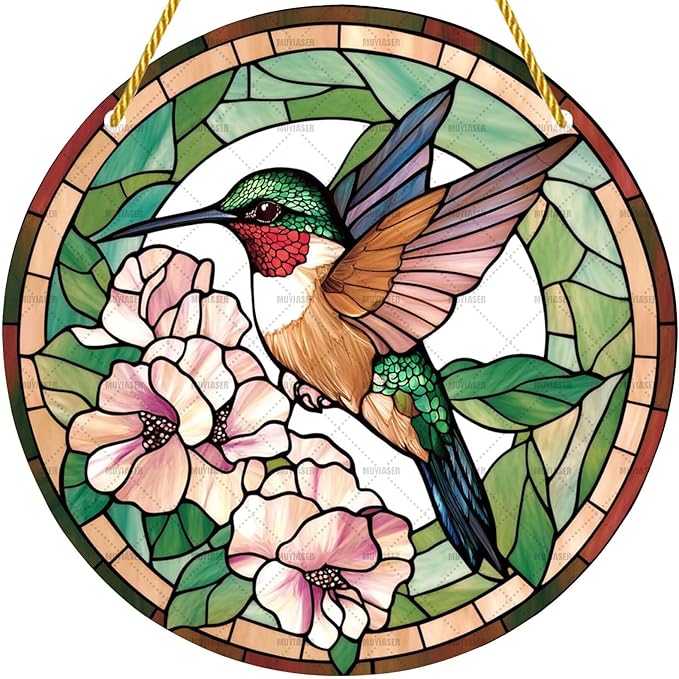 Acrylic Stained Window Hanging Hummingbird Art Acrylic Decoration for Indoor Outdoor Home Bar Office Garden Plastic Ornament Decor 8x8 Inch