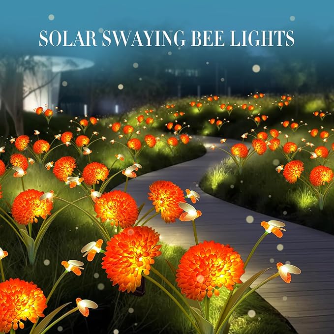 Solar Garden Lights, 8 Pack Solar Swaying Bee Lights with Flowers, Waterproof Firefly Light Outdoor for Garden Patio Yard Pathway Fall Decoration, Gifts for Women Mother's Day