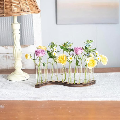 Test Tube Vases for Flowers，Small Plant Propagation Station，S Shape Plant Terrarium with Wooden Stand(Amber)