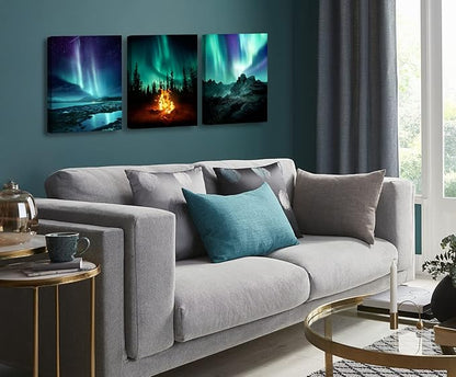 BLINFEIRU Northern Lights Canvas Wall Art Set of 3, Aurora Borealis Pictures for Living Room Decor, Modern Farmhouse Bedroom Paintings Prints, Home Office Artwork, Framed Ready to Hang