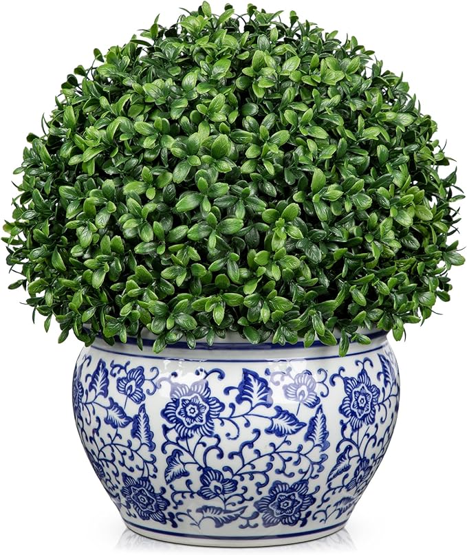 DILATATA Artificial Topiary Boxwood Ball in Blue and White Ceramic Pot, 13 Inch Artificial Boxwood in Planters Decorative Fake Greenery for Table Centerpiece Indoor Plant Home Decor - Large