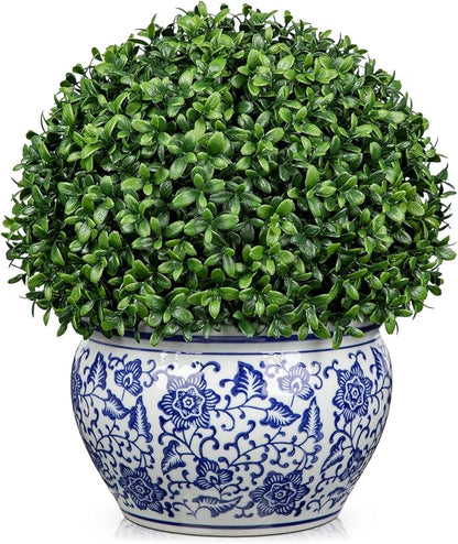 DILATATA Artificial Topiary Boxwood Ball in Blue and White Ceramic Pot, 13 Inch Artificial Boxwood in Planters Decorative Fake Greenery for Table Centerpiece Indoor Plant Home Decor - Large