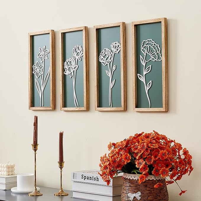 HKBS 3D Wooden Floral Wall Art, Set of 4 Framed Flowers Wall Art Sculptures, Boho Farmhouse Minimalist Decor for Bathroom Bedroom Living Room Kitchen or Office Wall Decorations Housewarming Gifts (Green)