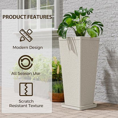 Tapered Tall Planters for Outdoor Plants 2 Pack- 23.6 Inch Heavy-Duty Classic Square Indoor Flower Pots with Drainage Holes/Partition/Tray, Large Outdoor Planters for Porch Patio, Beige