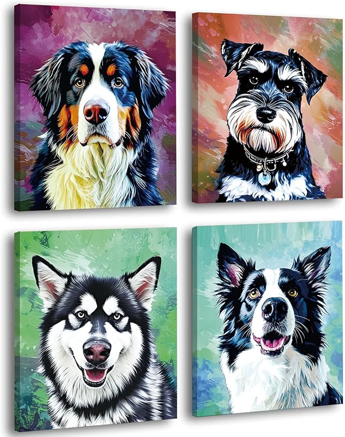 Framed Watercolor Dog Wall Art Canvas, Set of 4 Modern Pet Printing 8x10 Inches, Bernese Mountain Dog, Schnauzer, Border Collie, Husky Prints