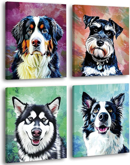 Framed Watercolor Dog Wall Art Canvas, Set of 4 Modern Pet Printing 8x10 Inches, Bernese Mountain Dog, Schnauzer, Border Collie, Husky Prints