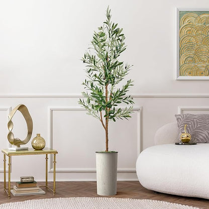 Artificial Tree in Modern Swirl Pattern Planter, Fake Olive Silk Tree for Indoor and Outdoor Home Decoration - 68" Overall Tall (Plant Pot Plus Tree)