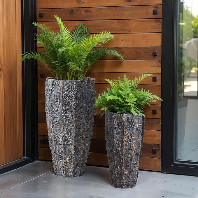 Yundu 17 & 22 inch high Concrete Plant pots Set of 2. Flower pots with Drainage Hole. Tall planters for Indoor Plants, Large planters for Outdoor Plants, Such as Garden, Patio and Front Porch Decor.