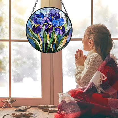 Stained Glass Window Hanging - Blue Purple Iris Flower Suncatcher for Door Garden Patio Sun Catchers Decor Christmas Mother's Day Birthday Gifts for Women Men Mom Nana Aunt Friend 15 in
