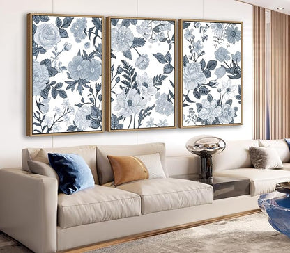 Large Framed Canvas Wall Art - Natural Float Framed Rustic Grey White Flowers Pictures Decor Gray Blue Leaves Artwork Prints for Bedroom Living Room Kitchen Home Office Decoration 72" X 36" Set of 3