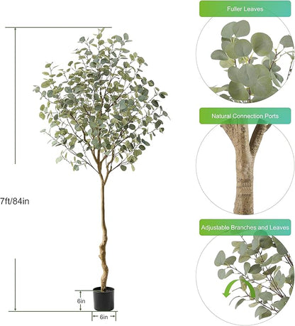 Tall Eucalyptus Tree Artificial，8ft(96in) Faux Eucalyptus Tree with Realistic Silk Leaves， Fake Trees Indoor Outdoor for Home Office Living Room Bedroom Foyer Porch Decor.