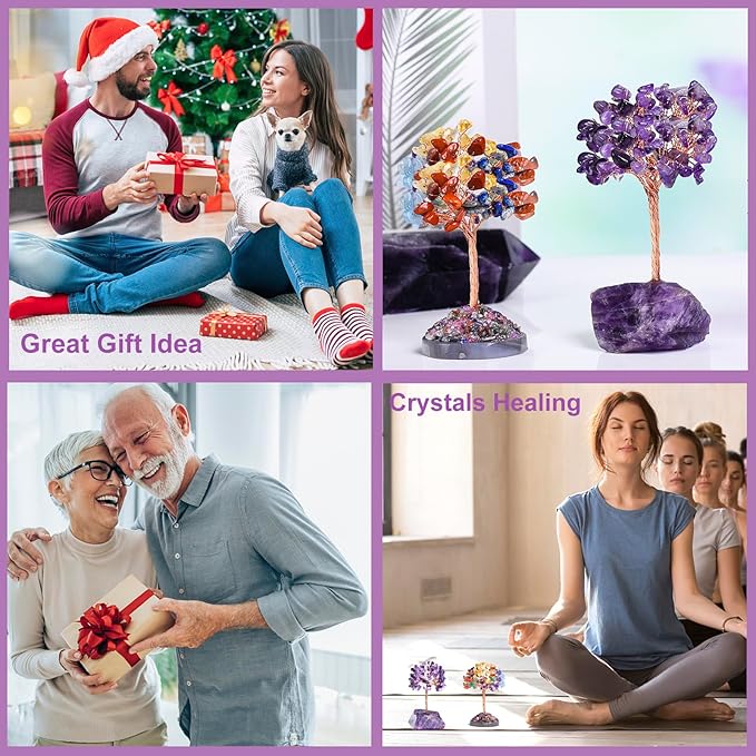 Seven Chakra Tree of Life,Money Dcorations,Crystals and Healing Stones,Reiki Positive Energy Gemstones 7 Chakra Tree,Purple Room Office Desk Feng Shui Decor Meditation Gifts for Women Men