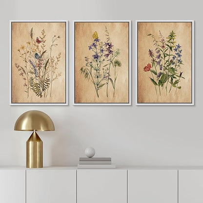 Ashbrook Framed Canvas Print Wall Art Set Vintage Wildflower Bouquet Nature Wilderness Illustrations Modern Art Decorative Floral Botanical Minimal Calm/Relax/Cozy for Bedroom - 16"x24"x3 WHITE