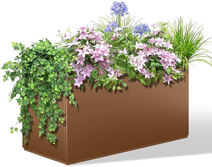 Metal Outdoor Planter Box, Rectangular Large Planters for Outdoor Plants with Drainage Holes for Patio, All-Weather Use, Rust-Resistance (38" L x 15" W x 16" H, Brown)