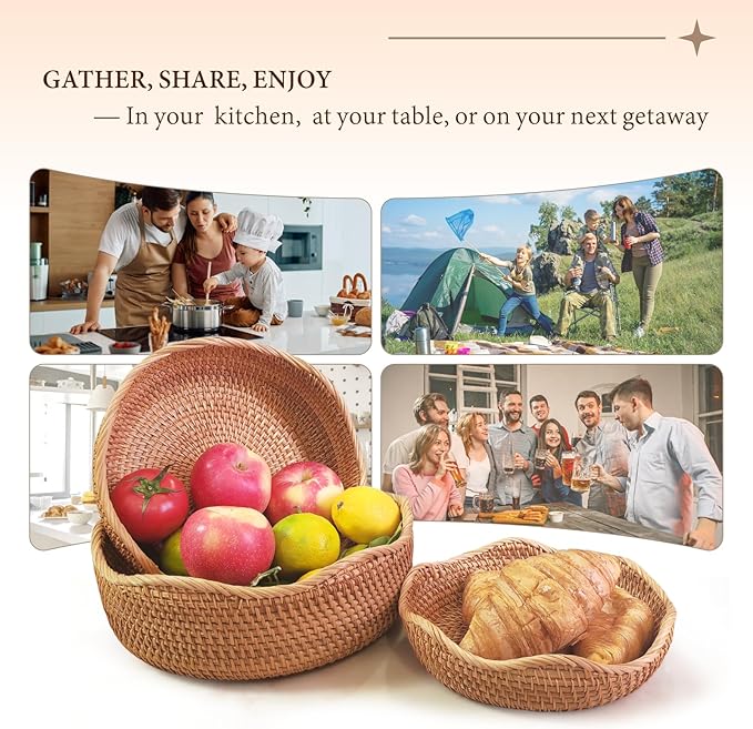 Rattan Bread Baskets for Serving, Hand Woven Food Baskets, Natural Wicker Fruit Basket for Kitchen Counter, Decorative Bread Baskets for Gifts, Snacks, Candies, Nuts, Keys, Wallets, Etc.(Wave-Combo)