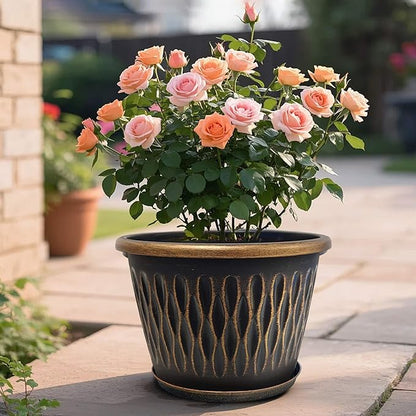 4 Pack 10 Inch Retro Plant Pots, Vintage Striped Flower Pots with Drainage Hole & Saucer, Large Plastic Planters for Indoor and Outdoor Plants, Decorative Garden Pots(Gold)