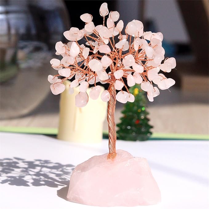 Rose Quartz Healing Crystal Tree Natural Reiki Crystals Gemstone Stone Base Copper Wire Tree Life Money Trees Pink Feng Shui Reiki Energy Tree for Home Office Desk Decor Good Luck Gifts for Women Men