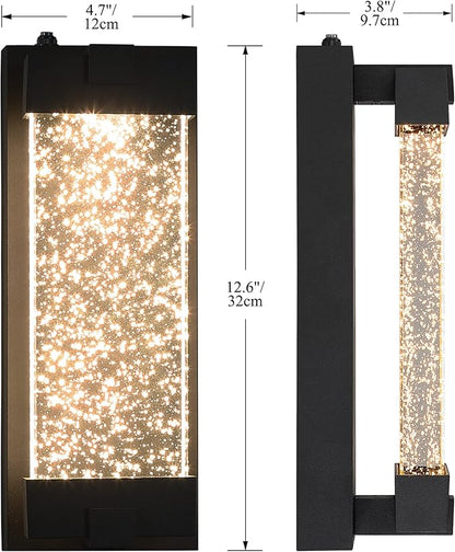Black Wall Sconce with K9 Crystal Bubble and Dusk to Dawn Sensor, Exterior LED Wall Mounted Light, Modern Porch Lantern, Light Fixture for Indoor and Outdoor