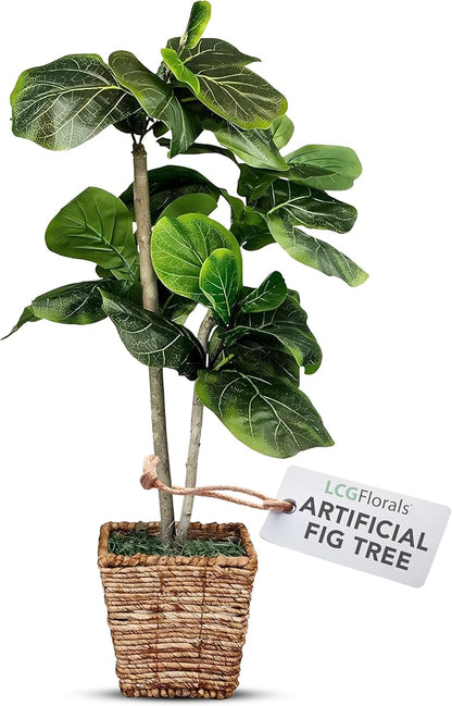 3.2ft Artificial Fiddle Leaf Fig Tree in Woven Basket - Real Wood Trunk, Preassembled, No Maintenance Indoor Faux Plant - Living Room, Home & Office Decor