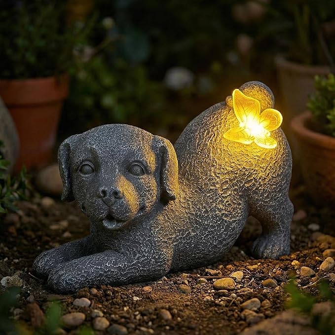 Solar Dog Statue with Butterfly Light, Outdoor Puppy Resin Garden Figurine for Patio Yard Lawn, Pet Memorial Gift for Dog Lovers.