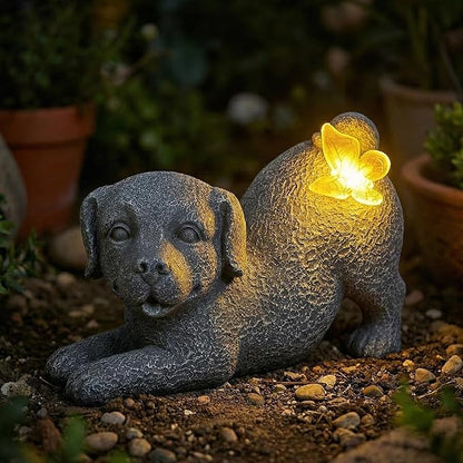 Solar Dog Statue with Butterfly Light, Outdoor Puppy Resin Garden Figurine for Patio Yard Lawn, Pet Memorial Gift for Dog Lovers.