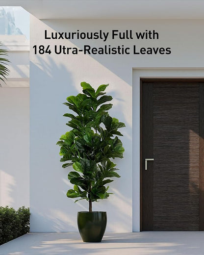 Fiddle Leaf Fig Tree 6ft Tall Artificial Tree in Plastic Pot Fake Ficus Lyrata Plants with 184 Decorative Fiddle Leaves Faux Fig Trees for Home Office Living Room Decor Indoor Outdoor