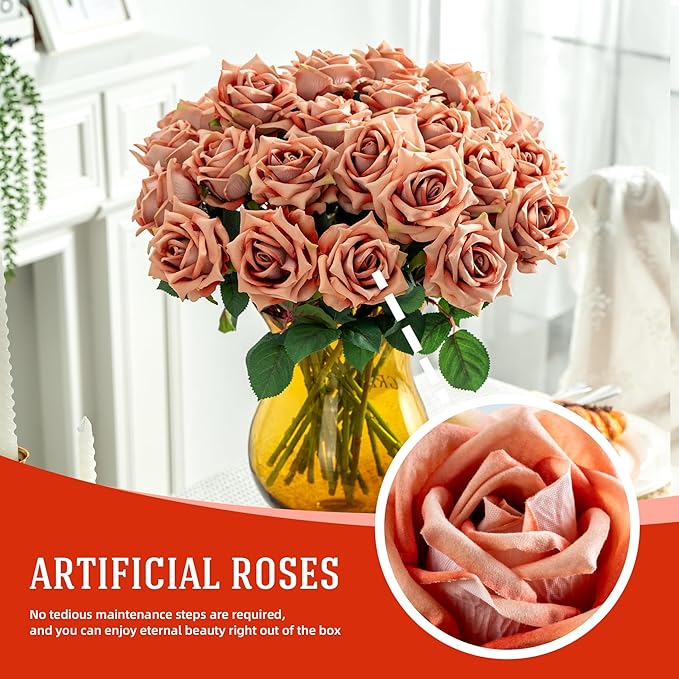 Fake Roses Faux Flowers Silk Roses Artificial Roses with Stems Realistic Artificial Flowers Suitable for Indoor Home Decoration Diy Bouquet Wedding Decoration Party Decor 24PCS Khaki 16.5In