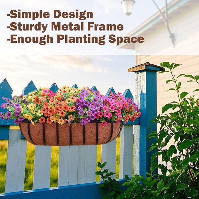 2 Pcs 24“ Railing Planter Window Box Deck Railing Planter Boxes with Coco Liner English Horse Trough Planters Metal Wall-Mounted Planters Basket for Outdoor Balcony Porch Fence Patio Rail