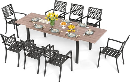 PHI VILLA 9 Pieces Outdoor Dining Set for 8, Expandable Wood-Like Metal Table & Wrought Iron Stackable Chairs, Large Dining Furniture for Patio, Deck, Backyard, Porch