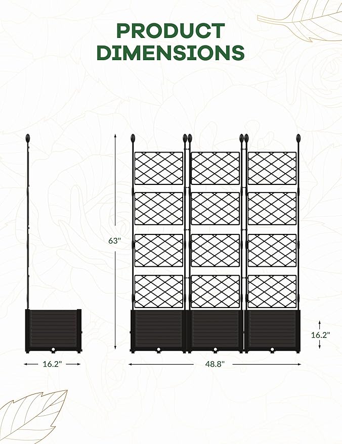 3 PCS Raised Garden Bed with Trellis, 50 in W x 63"Tall Plastic Planter Box for Climbing Plants, Outdoor Vertical Garden with Privacy Screen for Patio, Balcony, Backyard – Sturdy & Lightweight