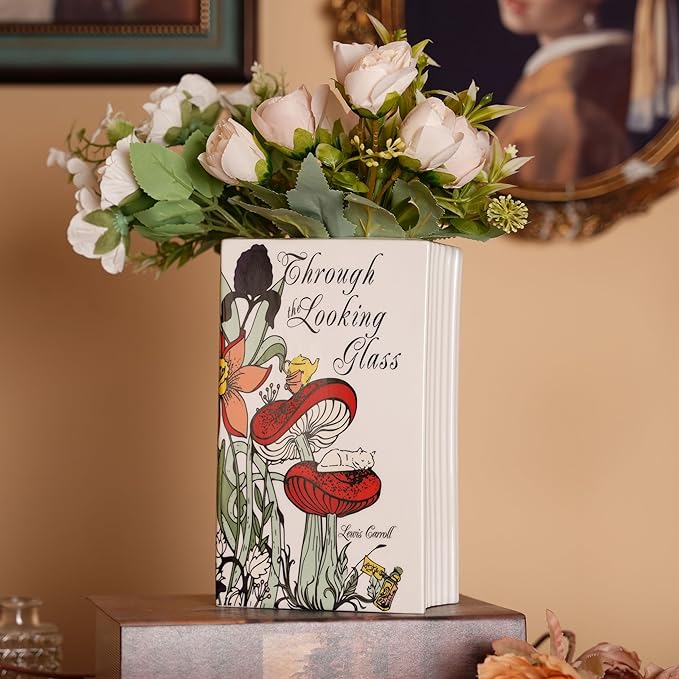 Ceramic Book Vase for Flowers, Home Decor - Cute Bookshelf Decor, Book Lovers Gift - Unique Large Accent for Bedroom/Office (Through The Looking Glass)