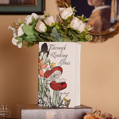 Ceramic Book Vase for Flowers, Home Decor - Cute Bookshelf Decor, Book Lovers Gift - Unique Large Accent for Bedroom/Office (Through The Looking Glass)