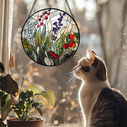 Stained Glass Window Hanging Red Purple Flowers Berry Green Plants Large 15" - Suncatcher Door Garden Sun Catcher Home Decor Birthday Christmas for Mom Men Woman Friend