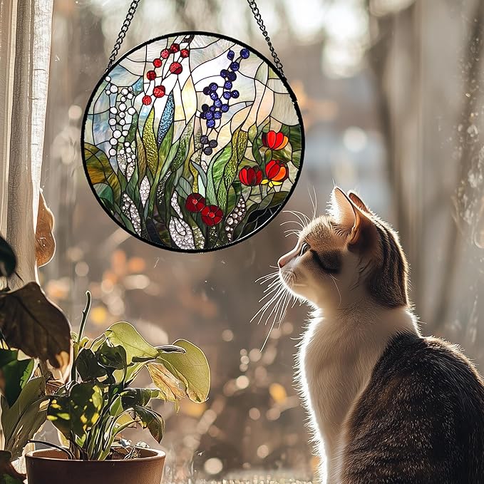 Stained Glass Window Hanging Red Purple Flowers Berry Green Plants 6.3" - Suncatcher Door Garden Sun Catcher Home Decor Birthday Christmas for Mom Men Woman Friend